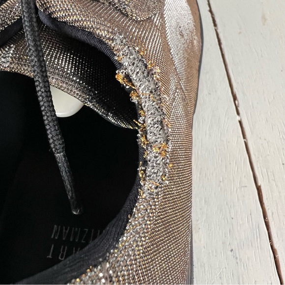 482egu Stuart Weitzman shimmery textile lace up sneakers women 7 gold si… - Picture 11 of 14